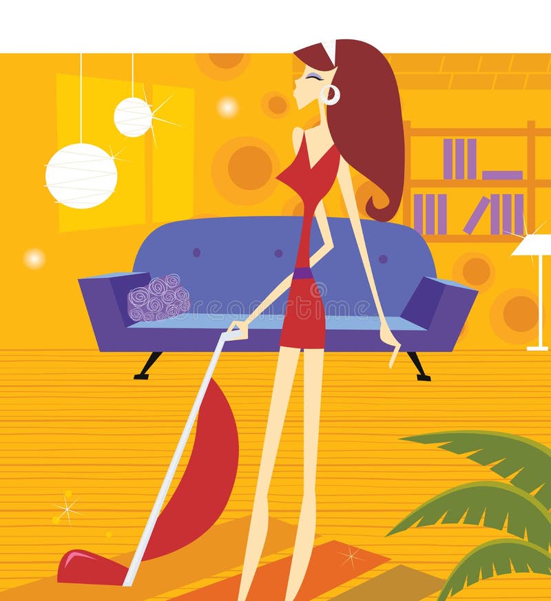 woman is cleaning household with vacuum cleaner. Lifestyle illustration in retro style. woman is cleaning household with vacuum cleaner. Lifestyle illustration in retro style.