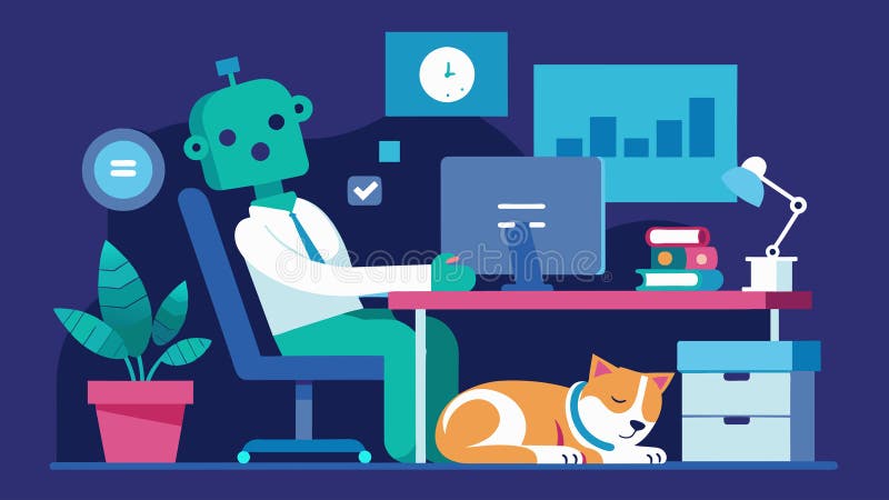 A busy office worker has their AI pet companion snoozing on their desk providing a sense of calm and comfort in the royalty free illustration