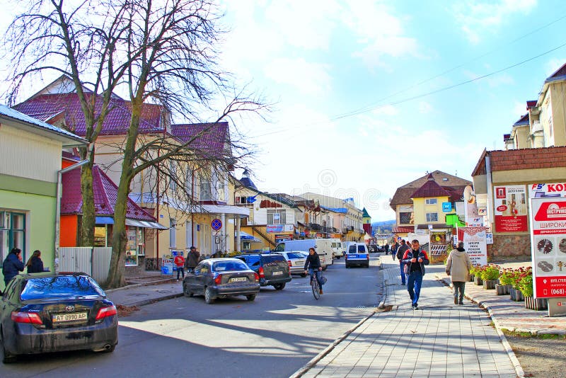 Busy street of provincial town of Kosiv