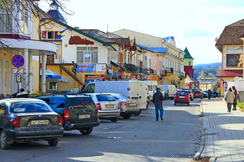 Busy street of provincial town of Kosiv