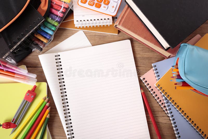 School supplies with blank writing book Stock Photo by