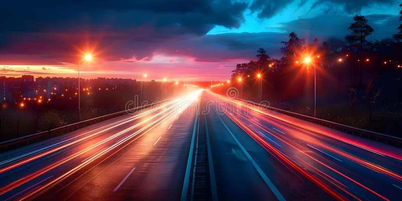 Busy urban highway at night with blurred car lights in motion creating an abstract and dynamic royalty free illustration