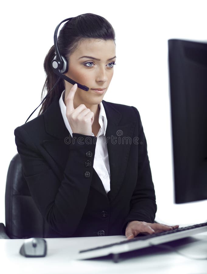 Busy woman seriously hearing the customer talk