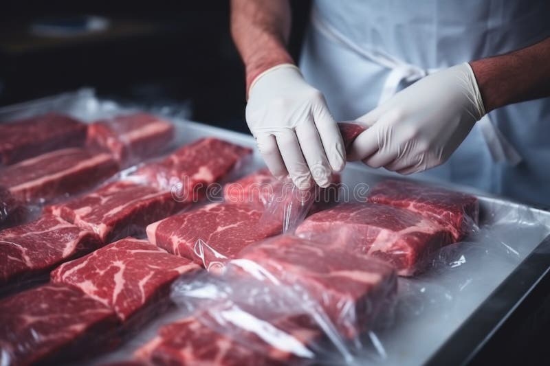 Butcher Expertly Packages Quality Beef Steaks. Freshness in Food