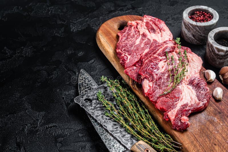 Butcher Marbled Meat Steaks on Wooden Cutting Board, Raw Beef Rib-eye ...