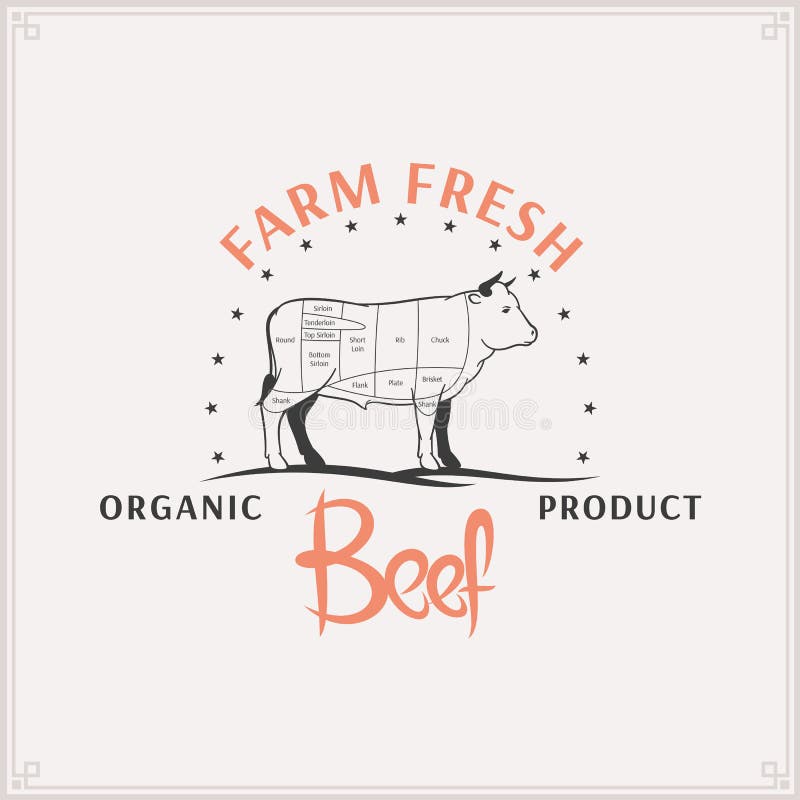 Butcher Shop Label Template, Beef Cuts Diagram. Vintage butchery label template and beef cuts diagram. Can be used for menu, advertisement, banner, placard etc royalty free illustration Butcher Shop Label Template, Beef Cuts Diagram. Vintage butchery label template and beef cuts diagram. Can be used for menu, advertisement, banner, placard etc royalty free illustration
