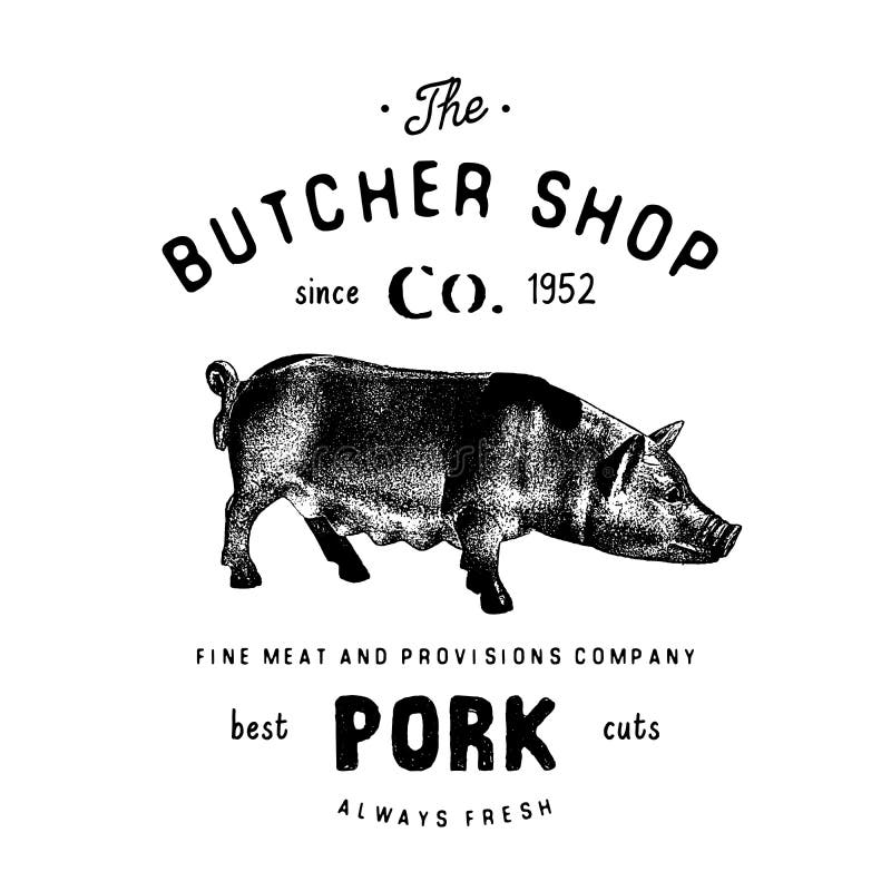 Butcher Shop vintage emblem pork meat products, butchery Logo template retro style. Vintage Design for Logotype, Label, Badge and royalty free illustration