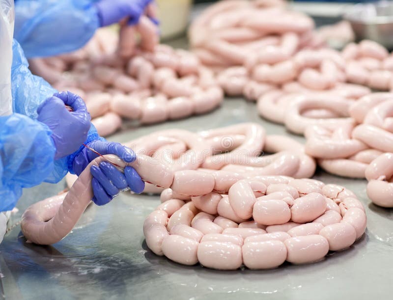 Butchers Processing Sausages at a Meat Factory Stock Photo Image of