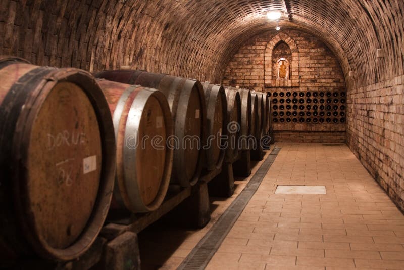 Wine barrels and bottles in brick walled cellar. Wine barrels and bottles in brick walled cellar.