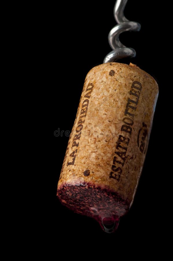 Corkscrew holding a freshly pulled wine cork marked estate bottled in Spanish and English, with a drop of red wine on the base. Isolated on black. Corkscrew holding a freshly pulled wine cork marked estate bottled in Spanish and English, with a drop of red wine on the base. Isolated on black.