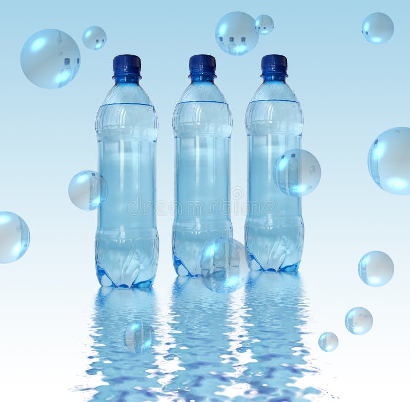 Bottled water over a white-blue background, bubbles. Bottled water over a white-blue background, bubbles