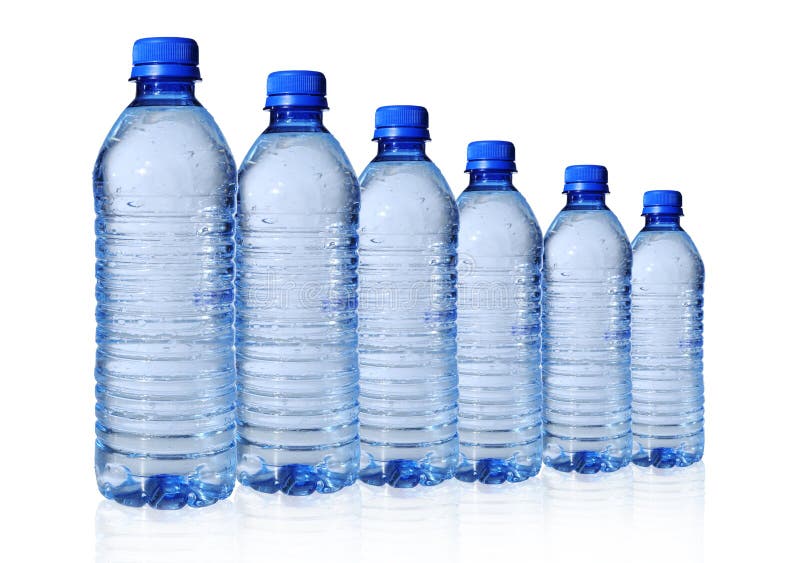 Bottled water in 6 sizes isolated over a white background. Bottled water in 6 sizes isolated over a white background