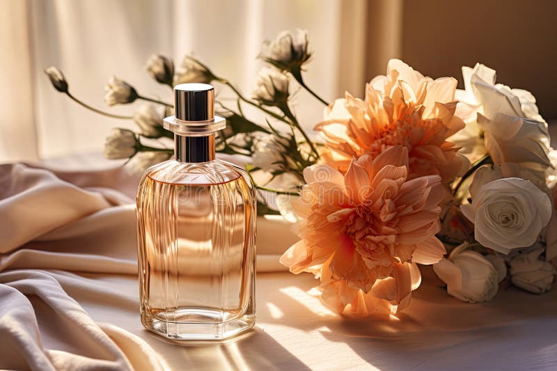 Butelka perfum i bukiet świeżych kwiatów na jedwabnym tle w domu. glamour elegancki szklany perfum butelka royalty ilustracja