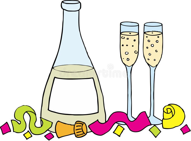 Champagne bottle and glasses with confetti on white background. image. Champagne bottle and glasses with confetti on white background. image