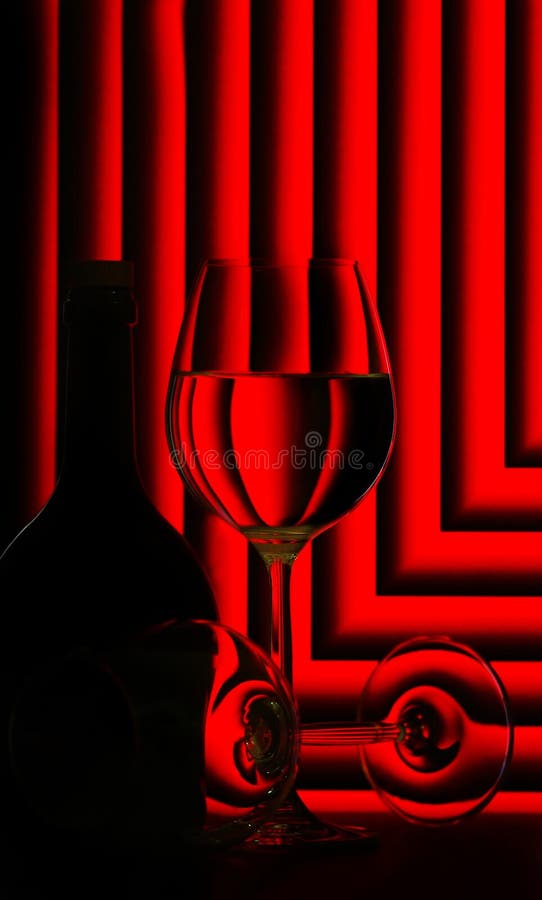 Dark silhouette of wine glasses and a bottle of wine silhouetted on a bright red background with pleated right angles. Dark silhouette of wine glasses and a bottle of wine silhouetted on a bright red background with pleated right angles.