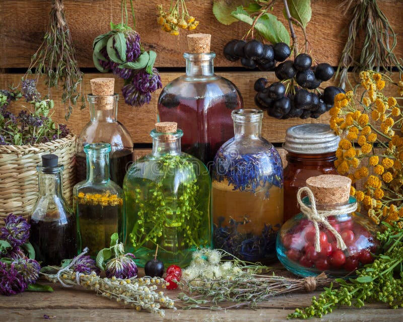 Butelki tincture, napój miłosny, olej, zdrowe jagody i ziele, zdjęcie royalty free Butelki tincture, napój miłosny, olej, zdrowe jagody i ziele, zdjęcie royalty free