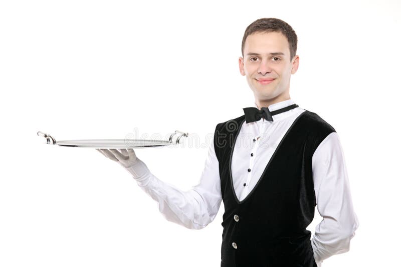 A butler holding an empty silver tray isolated on white background. Kosher stock images, royalty-free photos and pictures