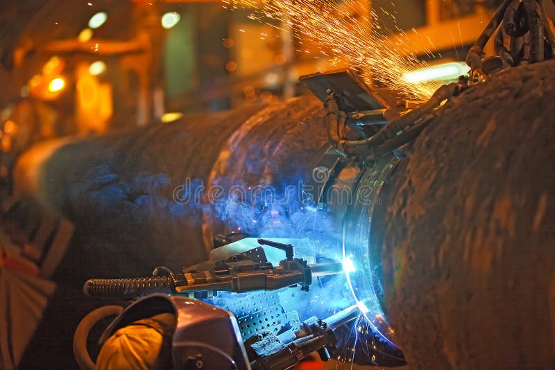 Welding Underwater Pipeline Using Automatic Equipment Stock Photo
