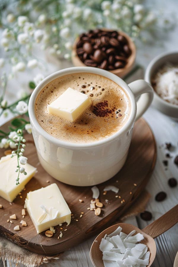 Butter Bulletproof and Coffee in a Cup. Selective Focus Stock Image