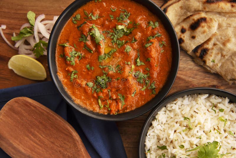 Butter Chicken with rice and roti, food, Pune District, India stock image Butter Chicken with rice and roti, food, Pune District, India stock image