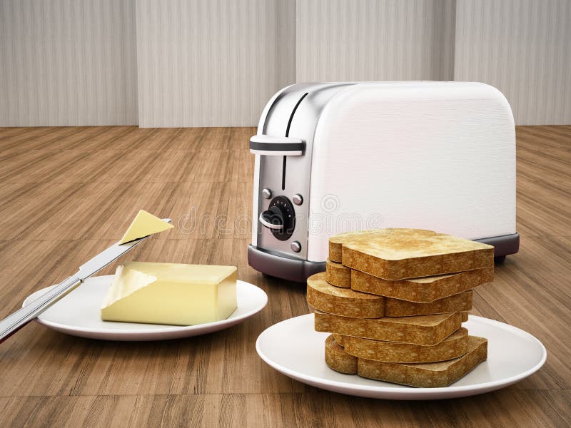 Butter and Knife beside Toaster and Grilled Bread. 3D Illustration