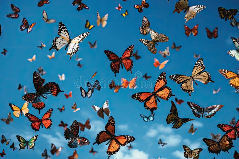 Butterflies of Different Species Fluttering and Flying in Formation