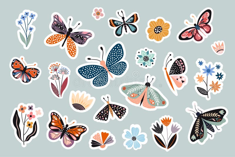 Moths, butterflies and flowers stickers collection, abstract decorative design royalty free illustration