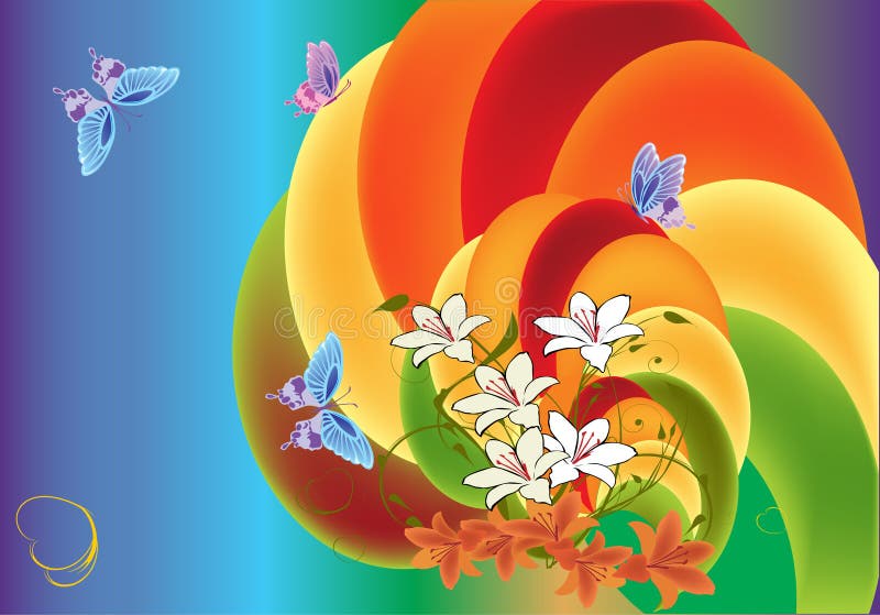 Butterflies And Lily Flowers On Rainbow Background Stock Vector