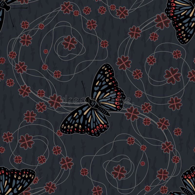 Butterflies and Red Flowers Dark Seamless Pattern