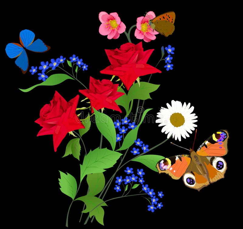 Butterflies and three red bright roses