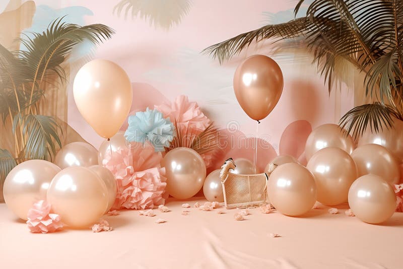 Butterfly and balloons as birthday baby photography backdrop, pastel color and gold balloons, palm leaves