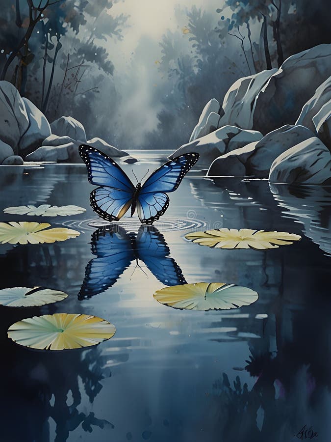 Butterfly blu nello stagno illustrazione di stock
