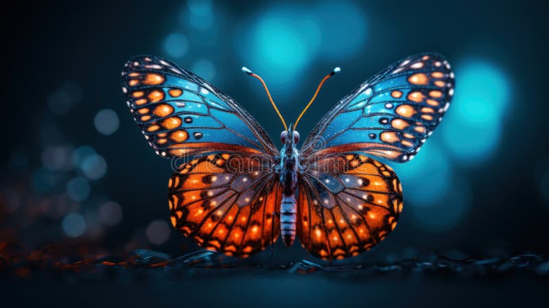 A butterfly with blue and orange wings sitting on a dark background, AI