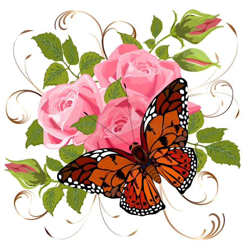 Butterfly on a Bouquet of Roses. Stock Vector Illustration of