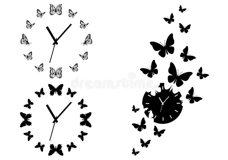 Time flies, butterfly clocks for wall art, set of vector design elements. Drawing time vectors