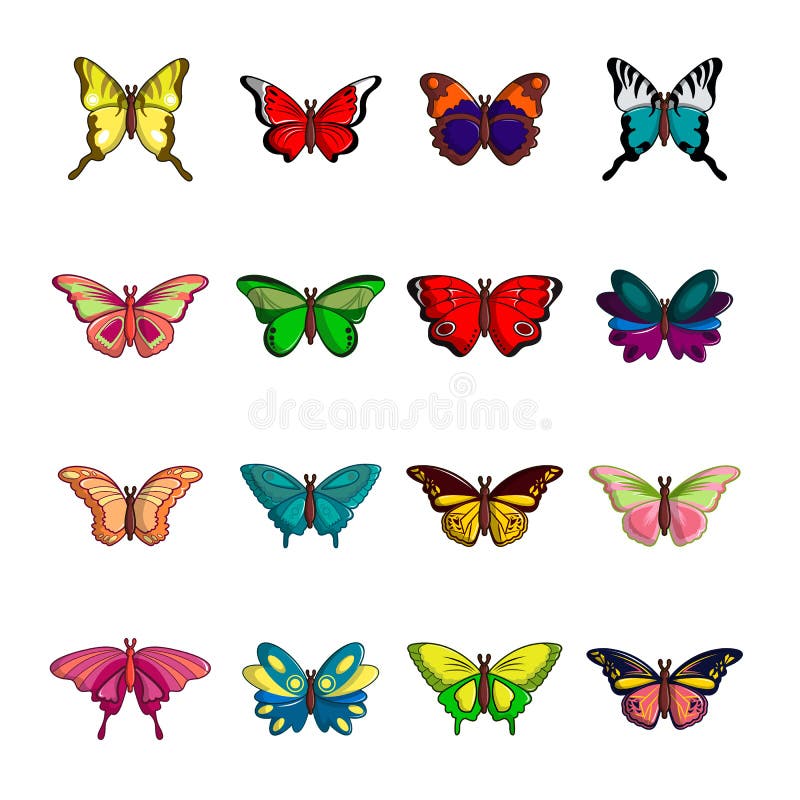 Butterfly collection icons set, cartoon style