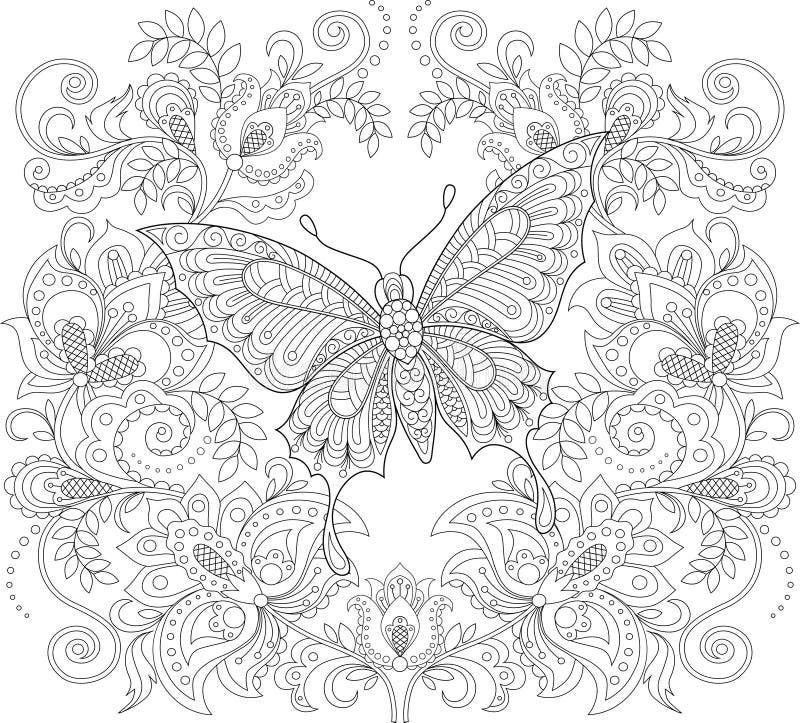 Butterfly and floral ornament. Adult antistress coloring page