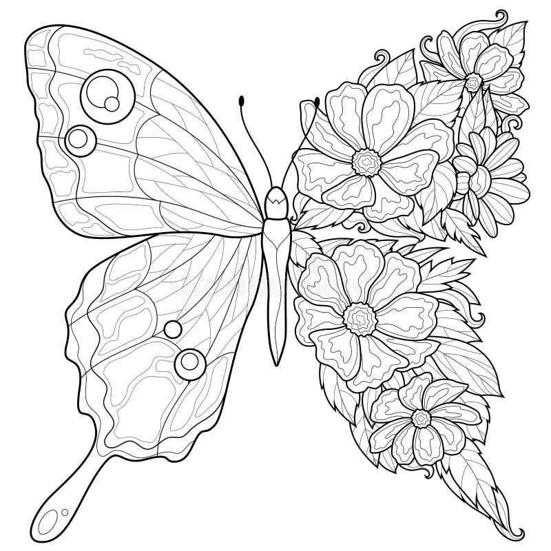 Butterfly and Flowers.Coloring Book Antistress for Children and Adults