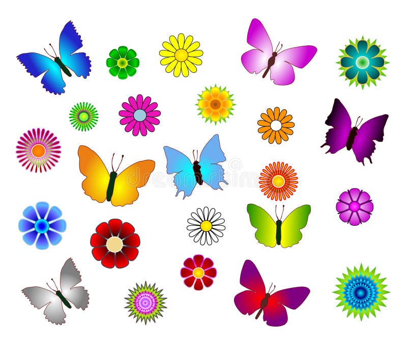 Butterfly And Flowers Set Isolated Stock Illustration Illustration of