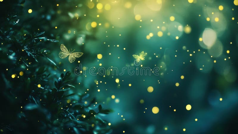 A butterfly flying over a bush with lots of yellow lights stock illustration