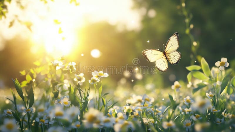 A butterfly flying over a field of flowers royalty free illustration