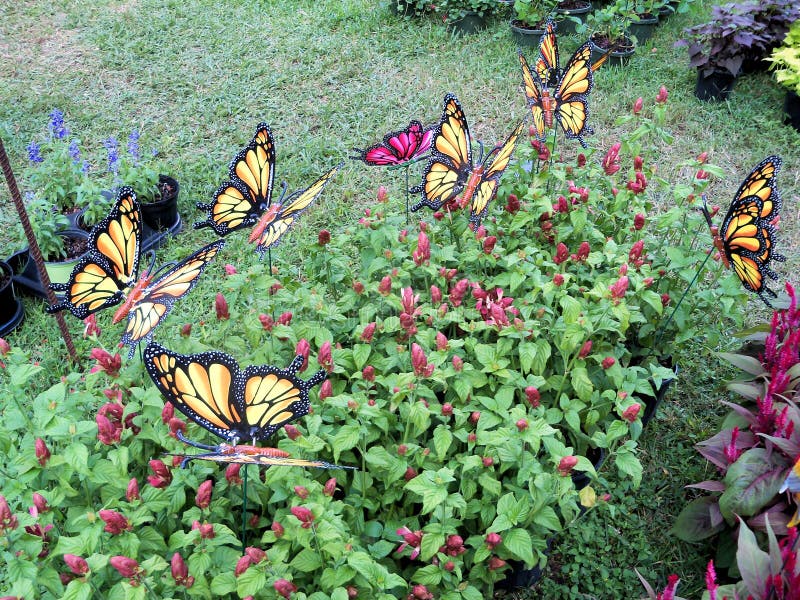 Butterfly Garden Decorations and Red Celosia Flowers Stock Photo - Image of  monarch, flower: 166333530