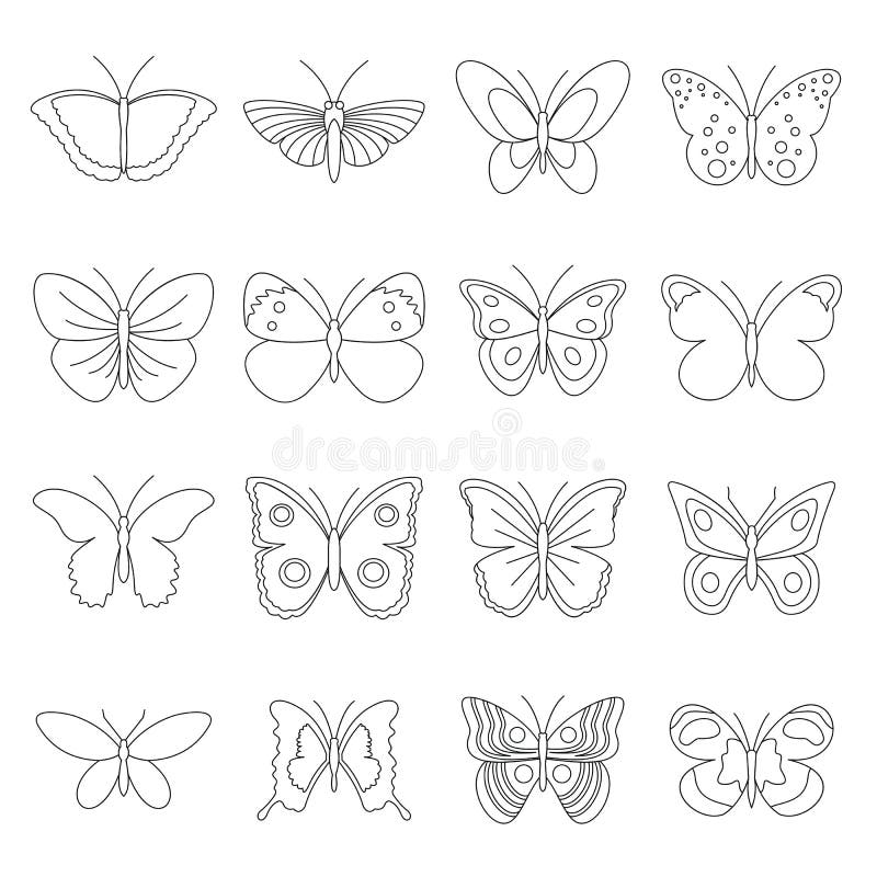 Butterfly icons set, outline style