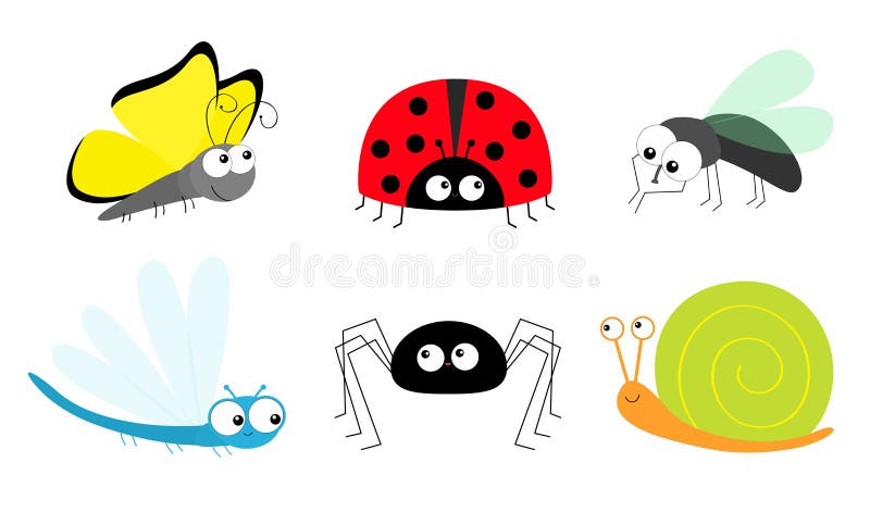Butterfly Lady bug ladybird Fly Housefly Spider Snail Dragonfly insect icon set. Baby kids collection. Cute cartoon kawaii funny stock illustration Butterfly Lady bug ladybird Fly Housefly Spider Snail Dragonfly insect icon set. Baby kids collection. Cute cartoon kawaii funny stock illustration