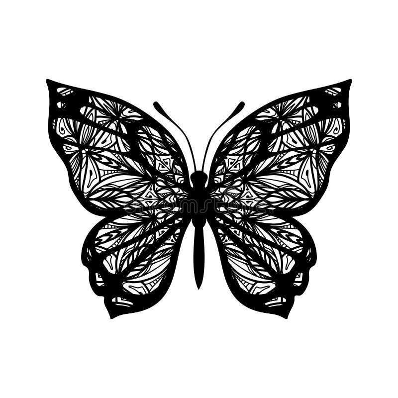 Butterfly with Patterned Wings. Black on White Stock Vector