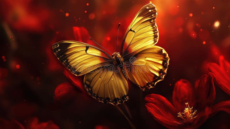 A butterfly sitting on a flower with red flowers stock illustration