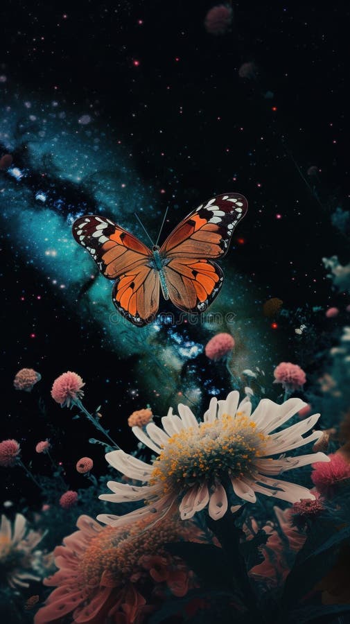 A butterfly sitting on top of a flower next to a galaxy. Generative AI image.