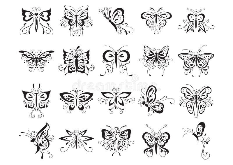 Butterfly Tattoo Set. Vector Illustration Decorative Design Stock