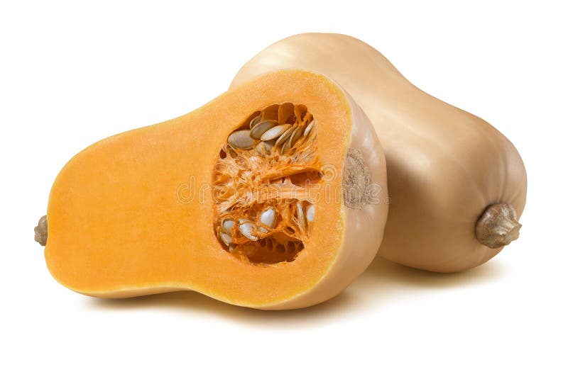 Butternutpumpa till hälften hela horisontal3 som isoleras på vit arkivfoto Butternutpumpa till hälften hela horisontal3 som isoleras på vit arkivfoto