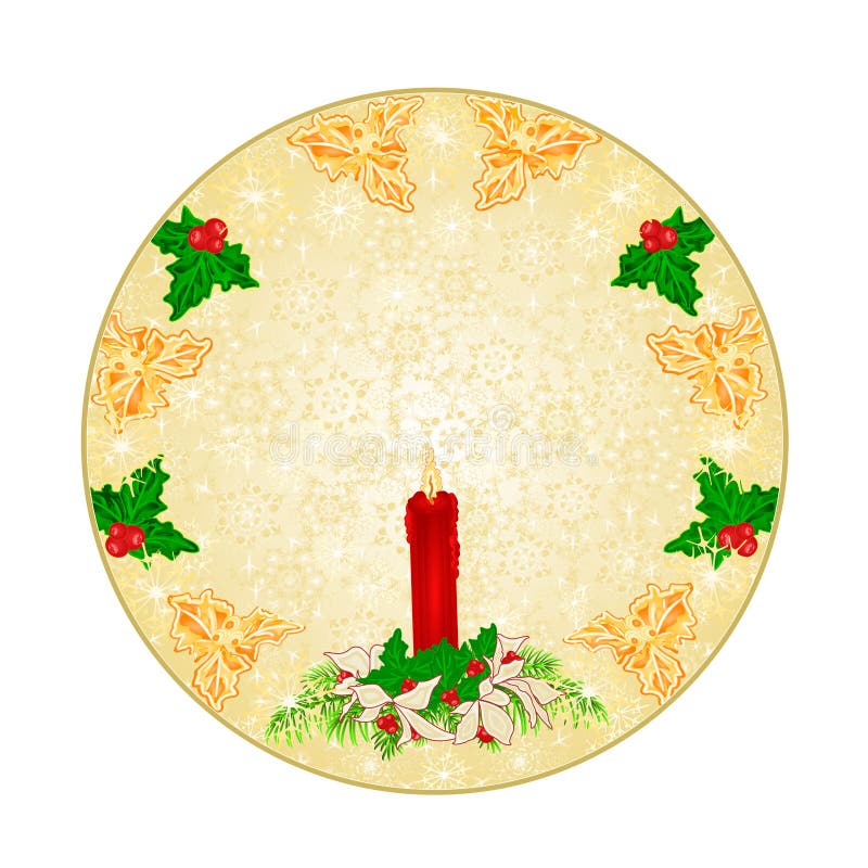 Button circle Christmas decoration snowflakes red candlestick and poinsettia vintage vector illustration editable